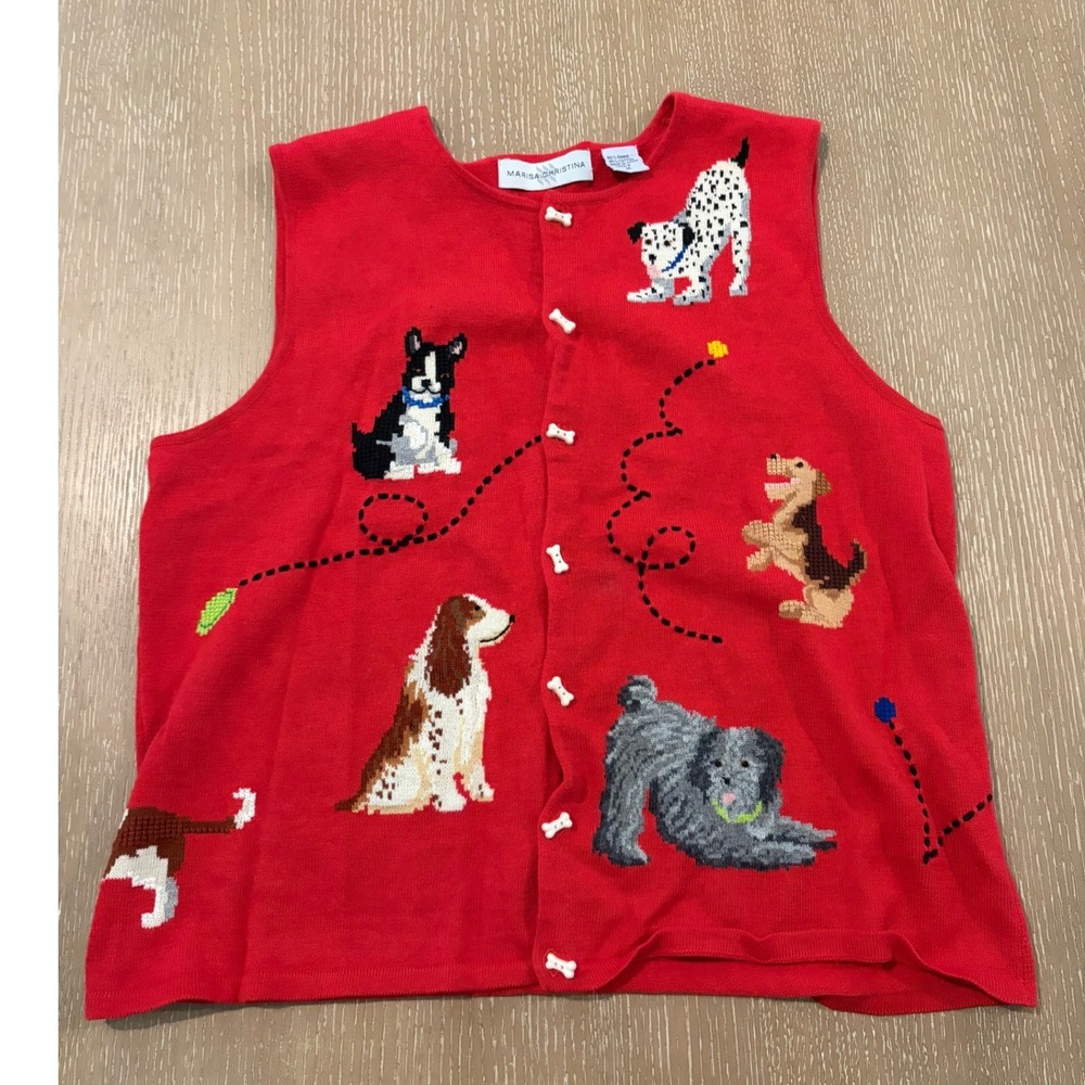 Vtg Marisa Christina Women M Red Dog Print Sweater Vest Bone Buttons Cotton Knit